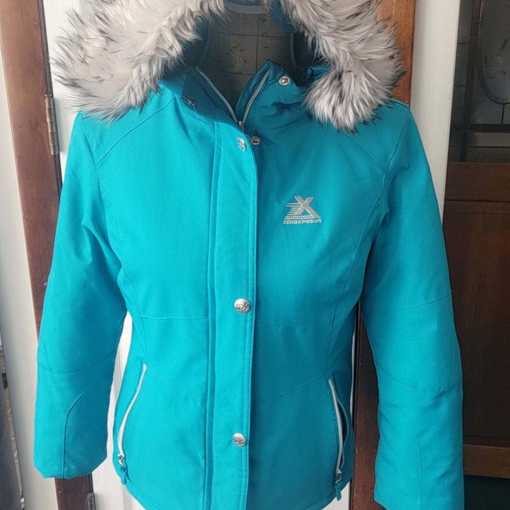 Blue Women's Jacket with Faux Fur Hood